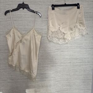 Ivory Satin Lace Trim Asymmetrical Camisole And Short Set Size Large